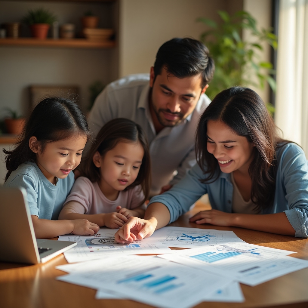 Family reviewing financial plan together at home